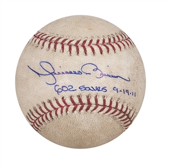 2011 Mariano Rivera Game Used and Signed OML Baseball Inscribed "9-19-11 602 Saves" Used During All Time Career Record Breaking 602nd Save Game (MLB Authenticated & JSA)